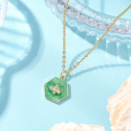 Brass Enamel Green Hexagon with Bee Pendant 304 Stainless Steel Cable Chain Necklaces for Women NJEW-JN05994-1