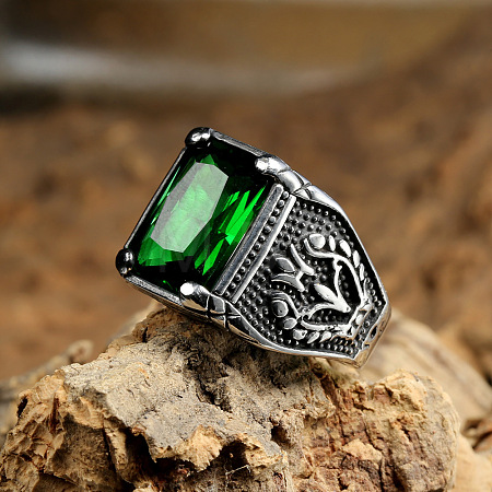 316L Stainless Steel & Cubic Zirconia Men's Vintage Carved Finger Rings FS-WG82D33-18-1