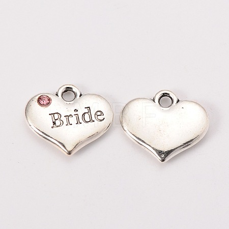 Wedding Theme Antique Silver Tone Tibetan Style Heart with Bride Rhinestone Charms TIBEP-N005-12D-1