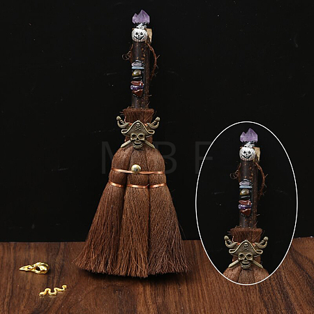 Wood Witch Broom with Synthetic Amethyst Pendant Decorations AUTO-PW0001-15E-1