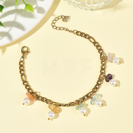 Natural Mixed Stone Chip and Shell Pearl Beads Tassel 304 Stainless Steel Figaro Chain Bracelets BJEW-JB14346-01-1