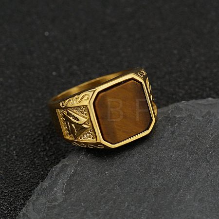 304 Stainless Steel with Natural Tiger Eye Finger Rings FS-WG06E27-04-1