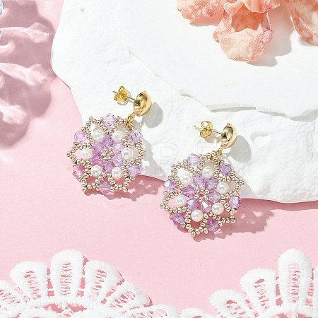 Flower Handmade Glass Seed Beads & Shell Pearl Dangle Stud Earrings EJEW-MZ00361-02-1