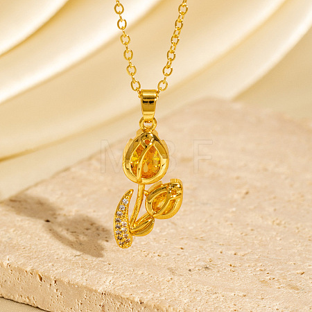 Brass Pave Cubic Zirconia Tulip Flower Pendant Necklaces for Women WG7D3CD-02-1