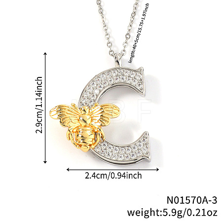 Brass Micro Pave Clear Cubic Zirconia Bee Initial Pendant Necklaces FS-WGF5E80-03-1