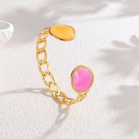 304 Stainless Steel Hot Pink and Orange Enamel Wide Chain Cuff Bangles for Women BJEW-A159-01B-G-1