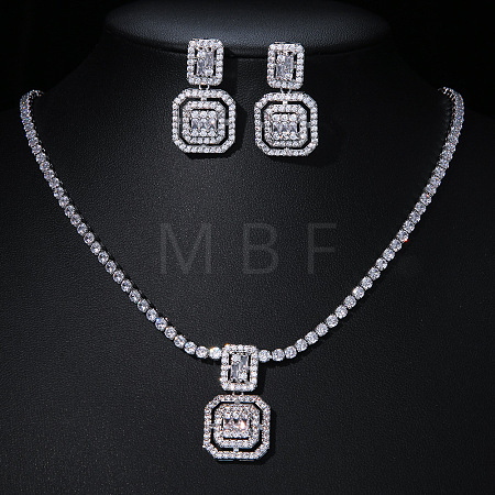Square Brass Micro Pave Clear Cubic Zirconia Pendant Necklaces & Stud Dangle Earrings Sets FS-WG98D1F-01-1