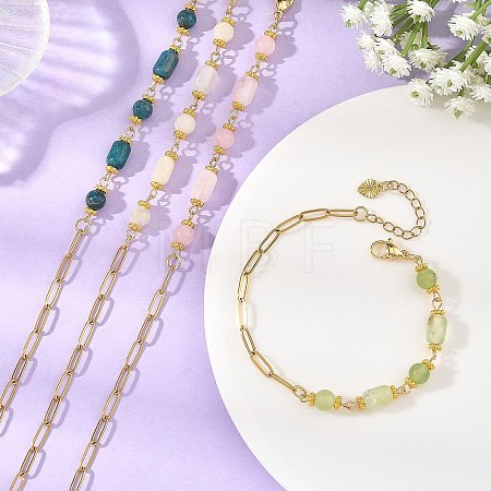 Natural Mixed Stone Round Column Beaded Chain Bracelets with 304 Stainless Steel Paperclip Chains BJEW-JB14298-1