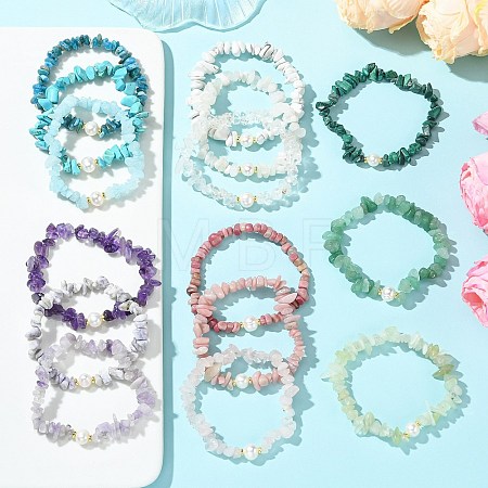 3Pcs 3 Styles Natural & Synthetic Mixed Gemstone Chip & Natural Cultured Freshwater Pearl Beaded Stretch Bracelets Set for Women BJEW-JB13762-1