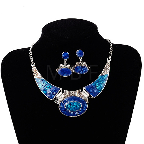 Oval Alloy Enamel Pendant Necklaces & Stud Dangle Earrings Sets FS-WG2BB22-01-1