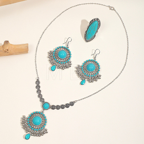 Bohemian Style Fan Alloy & Synthetic Turquoise Earrings & Necklaces & Cuff Sets WG86A2C-07-1