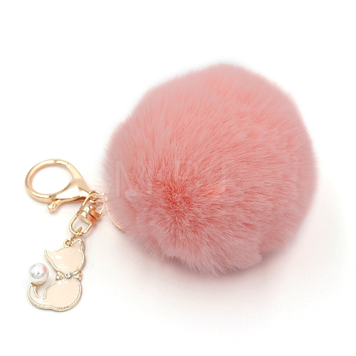 Imitation Rabbit Fur Pom-Pom & Cat Keychain PW-WG92087-01-1